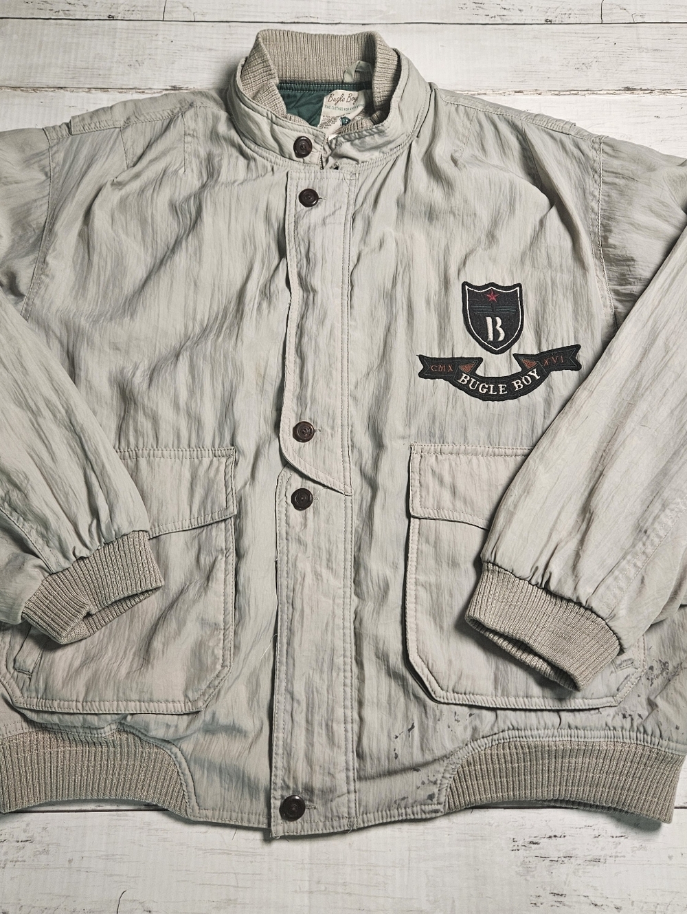 Vintage Bugle Boy Bomber Jacket Large Beige Nylon Crest Patch Varsity Preppy 90s